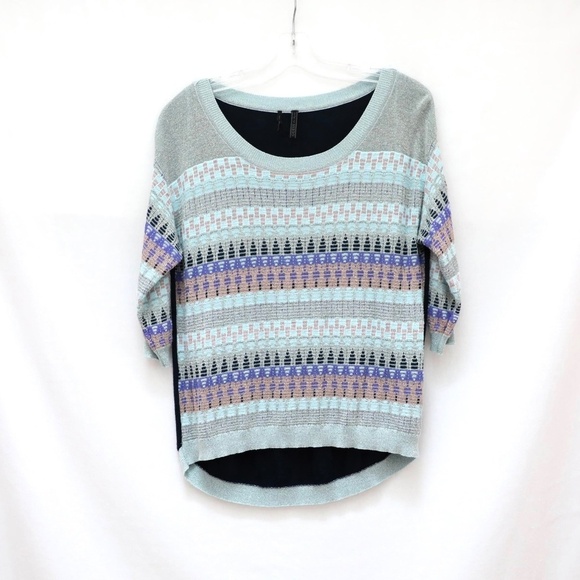 Guess blue striped knit top fair isle sweater metallic bohemian half sleeve S - Picture 1 of 7